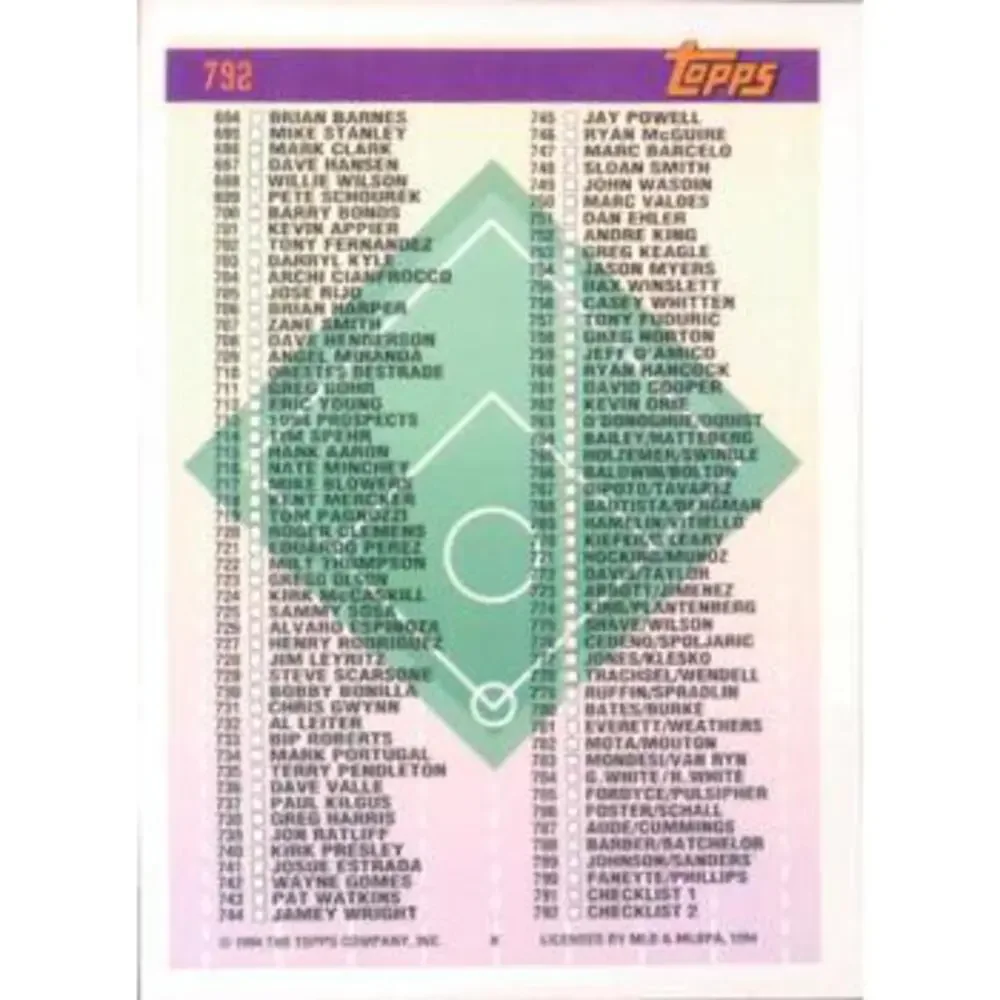 1994 Topps Checklist: 397-495 and 694-792 CL, UER # 792